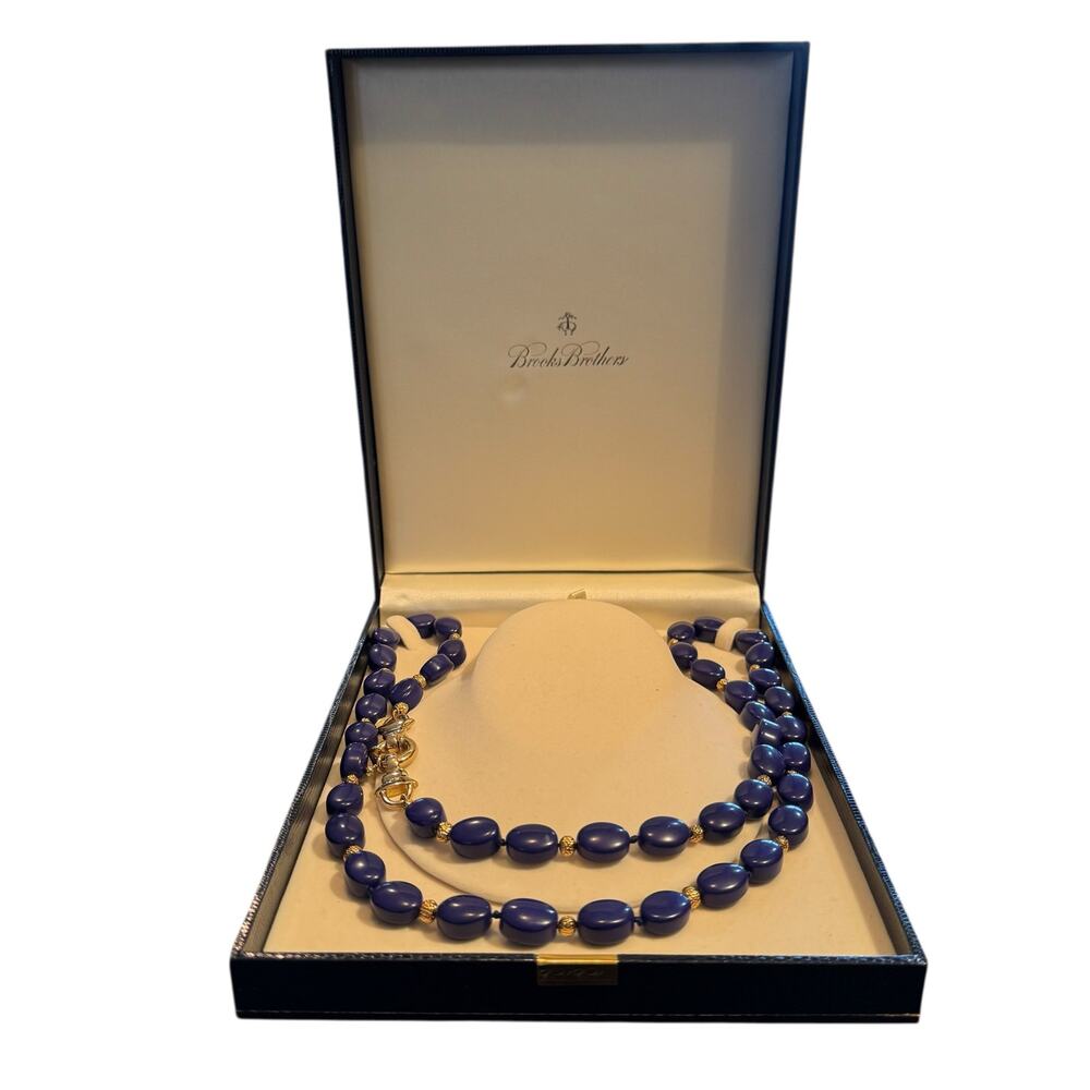 Brooks Brothers New Blue Beaded Gold Clasp Statement Necklace and Box